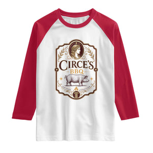 Circes BBQ Funny Greek Mythology Dark Humor Raglan Shirt Slow Smoked Legendary Flavor Odysseus Pigs Odyssey Parody