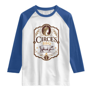 Circes BBQ Funny Greek Mythology Dark Humor Raglan Shirt Slow Smoked Legendary Flavor Odysseus Pigs Odyssey Parody