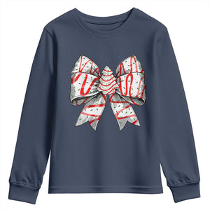 Coquette Bow Christmas Tree Cake Youth Sweatshirt Xmas Vibes TS02 Navy Print Your Wear