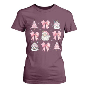 Pink Christmas Coquette Bow T Shirt For Women Santa Festive Xmas Vibe TS02 Maroon Print Your Wear