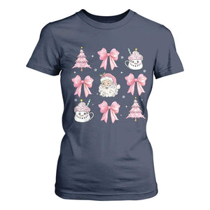 Pink Christmas Coquette Bow T Shirt For Women Santa Festive Xmas Vibe TS02 Navy Print Your Wear
