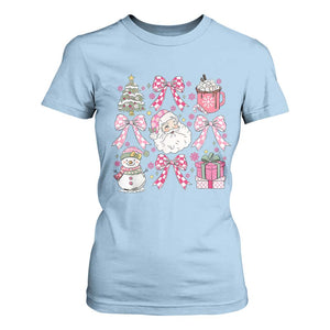 Retro Santa Claus Pink Coquette Bow T Shirt For Women Festive Xmas Vibe TS02 Light Blue Print Your Wear