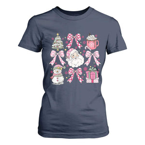 Retro Santa Claus Pink Coquette Bow T Shirt For Women Festive Xmas Vibe TS02 Navy Print Your Wear