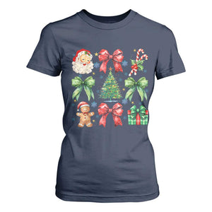 Christmas Tree Retro Coquette Bow T Shirt For Women Santa Claus Candy Festive Xmas Vibes TS02 Navy Print Your Wear