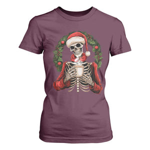 Skeleton Christmas T Shirt For Women Dead Inside But Caffeinated Coffee Lover Xmas Vibe TS02 Maroon Print Your Wear
