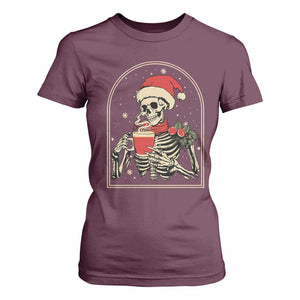 Skeleton Christmas T Shirt For Women Dead Inside But Caffeinated Coffee Addict Xmas Vibe TS02 Maroon Print Your Wear