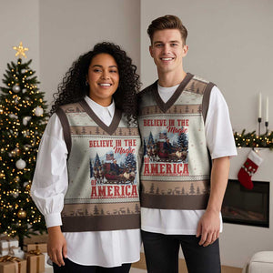 Xmas Trump V-Neck Knit Sweater Vest Believe In The Magic Of America Make Xmas Great Again US Flag TS02 Mocha Mousse Print Your Wear