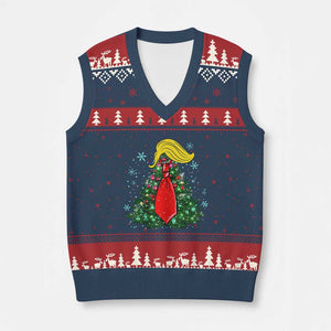 Xmas Trump V-Neck Knit Sweater Vest Funny Xmas Tree Blonde Hair Red Cravat TS02 Navy Red Print Your Wear