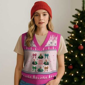 Xmas Trump V-Neck Knit Sweater Vest I'll Be Home For Xmas Coquette Bow TS02 Hot Pink Print Your Wear
