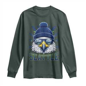 Cool Blue and Green Hawk with Beanie Graphic Long Sleeve Shirt Seattle Game Day Sports Fan TS02 Dark Forest Green Print Your Wear