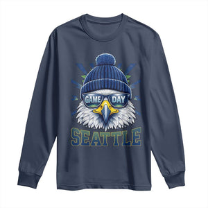 Cool Blue and Green Hawk with Beanie Graphic Long Sleeve Shirt Seattle Game Day Sports Fan TS02 Navy Print Your Wear