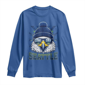 Cool Blue and Green Hawk with Beanie Graphic Long Sleeve Shirt Seattle Game Day Sports Fan TS02 Royal Blue Print Your Wear