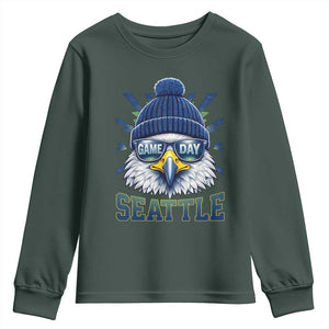 Cool Blue and Green Hawk with Beanie Graphic Youth Sweatshirt Seattle Game Day Sports Fan TS02 Dark Forest Green Print Your Wear