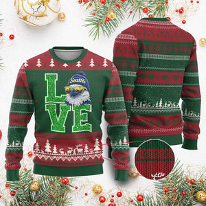Seattle LOVE Hawk Graphic Ugly Christmas Sweater Blue and Green Game Day Sports Fan TS02 Red Green Print Your Wear