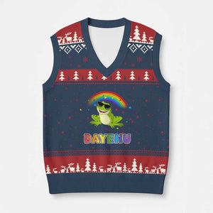 Funny Dayenu Frog Rainbow V-Neck Knit Sweater Vest Passover Celebration with Pride Vibes TS02 Navy Red Print Your Wear