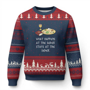 Funny Passover Seder Ugly Christmas Sweater What Happens At The Seder Stays At The Seder Jewish Holiday TS02 Navy Red Print Your Wear