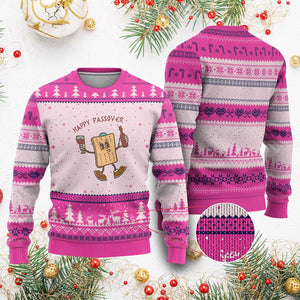 Happy Passover Matzah Drinking Ugly Christmas Sweater Wine and Matzo Matzatarian Funny Pesach Jewish TS02 Hot Pink Print Your Wear