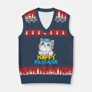 Happy Passover Cute Cat V-Neck Knit Sweater Vest Seder Jewish Pesach TS02 Navy Red Print Your Wear