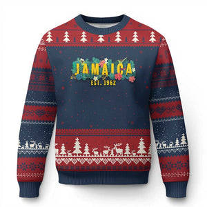 Jamaica Est 1962 Tropical Independence Ugly Christmas Sweater Doctor Bird and Hibiscus Botanical Travel Souvenir TS02 Navy Red Print Your Wear