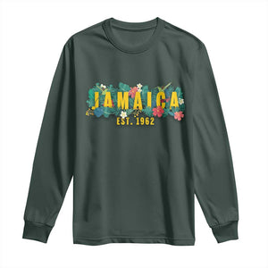 Jamaica Est 1962 Tropical Independence Long Sleeve Shirt Doctor Bird and Hibiscus Botanical Travel Souvenir TS02 Dark Forest Green Print Your Wear