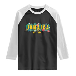 Jamaica Est 1962 Tropical Independence Raglan Shirt Doctor Bird and Hibiscus Botanical Travel Souvenir TS02 Black White Print Your Wear