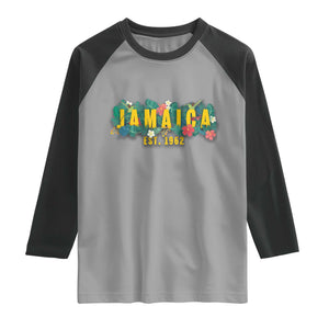 Jamaica Est 1962 Tropical Independence Raglan Shirt Doctor Bird and Hibiscus Botanical Travel Souvenir TS02 Sport Gray Black Print Your Wear