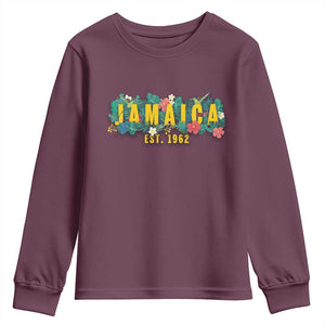 Jamaica Est 1962 Tropical Independence Youth Sweatshirt Doctor Bird and Hibiscus Botanical Travel Souvenir TS02 Maroon Print Your Wear