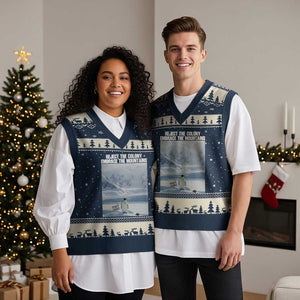 Funny Nihilist Penguin Existential Meme V-Neck Knit Sweater Vest Reject the Colony Embrace the Mountains TS02 Navy Beige Print Your Wear
