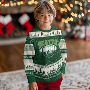 Seattle City Skyline Football Graphic Ugly Christmas Sweater Sports Fan Game Day Pride TS02 Forest Green Beige Print Your Wear