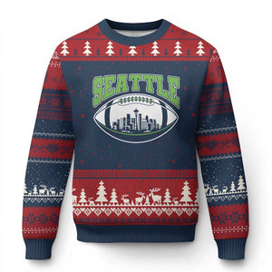 Seattle City Skyline Football Graphic Ugly Christmas Sweater Sports Fan Game Day Pride TS02 Navy Red Print Your Wear