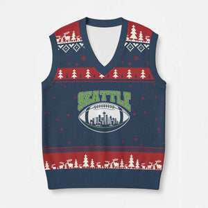 Seattle City Skyline Football Graphic V-Neck Knit Sweater Vest Sports Fan Game Day Pride TS02 Navy Red Print Your Wear