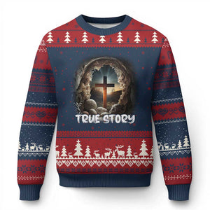 Jesus True Story Ugly Christmas Sweater Resurrection He Is Risen Religious Easter TS02 Navy Red Print Your Wear