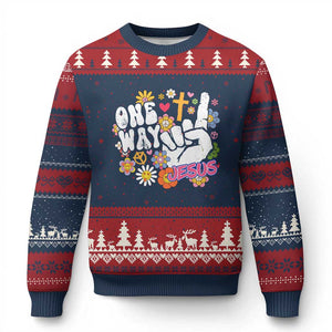One Way Jesus Ugly Christmas Sweater Christian Relgion Retro Hippie TS02 Navy Red Print Your Wear