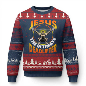 Jesus The Ultimate Deadlifter Ugly Christmas Sweater Funny Jesus Workout Motivation Bodybuilding Fitness TS02 Navy Red Print Your Wear