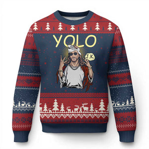 Funny Jesus YOLO JK Ugly Christmas Sweater Just Kidding Funny Christian Religious TS02 Navy Red Print Your Wear