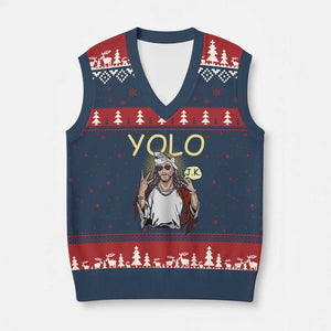 Funny Jesus YOLO JK V-Neck Knit Sweater Vest Just Kidding Funny Christian Religious TS02 Navy Red Print Your Wear