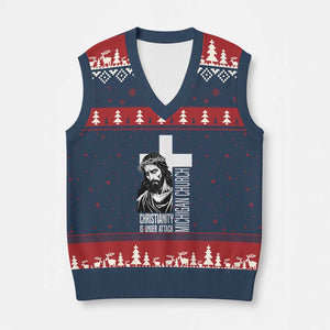 Christianity Is Under Attack V-Neck Knit Sweater Vest Jesus Stand for Faith Michigan Church TS02 Navy Red Print Your Wear