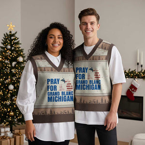 Pray for Grand Blanc Michigan V-Neck Knit Sweater Vest American Flag Christian Support TS02 Mocha Mousse Print Your Wear