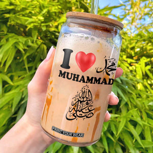 I Love Muhammad Glass Can Musliam Identity Faith Peace Pride Islamic Calligraphy TS02 White Print Your Wear
