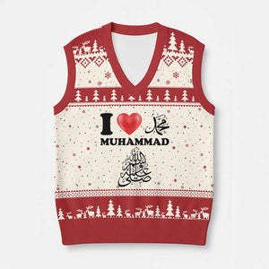 I Love Muhammad V-Neck Knit Sweater Vest Musliam Identity Faith Peace Pride Islamic Calligraphy TS02 Beige Red Print Your Wear
