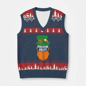 Funny St Patricks Day V-Neck Knit Sweater Vest Feckin Eejit Irish Slang Idiot Patty's Day TS02 Navy Red Print Your Wear