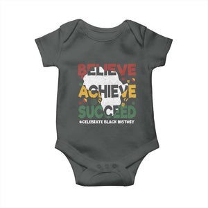 Celebrate Black History Month Baby Onesie Believe Achieve Succeed Black and Proud BHM TS02 Dark Heather Print Your Wear