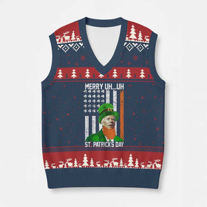 Funny Biden St Patricks Day V-Neck Knit Sweater Vest Merry 4th of Saint Patrick Uh Uh Leprechaun American Flag TS02 Navy Red Print Your Wear