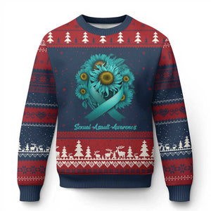 Sexual Assault Awareness Ugly Christmas Sweater Teal Ribbon Sunflowers Support TS02 Navy Red Print Your Wear