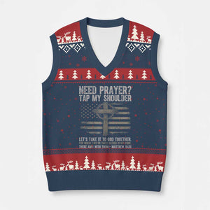 Need Prayer Tap My Shoulder Christian Patriotic V-Neck Knit Sweater Vest American Flag Cross Crown of Thorns Matthew 18:20 TS02 Navy Red Print Your Wear