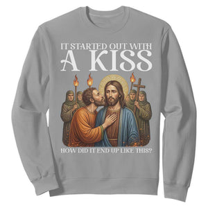 It Started Out With A Kiss Funny Jesus Christian Easter Sweatshirt Judas Betrayal Jesus Faith Message Biblical Humor TS02 Sport Gray Print Your Wear