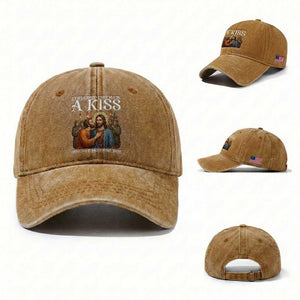 It Started Out With A Kiss Funny Jesus Christian Easter Washed Cotton Baseball Cap Judas Betrayal Jesus Faith Message Biblical Humor TS02 Washed Cap Universal Fit Yellow Ochre Print Your Wear