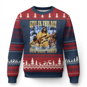 Give Us This Day Our Daily Shred Funny Christian Jesus Rock Ugly Christmas Sweater Faith Humor Music Lover Inspired Gift TS02 Navy Red Print Your Wear