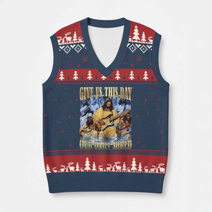 Give Us This Day Our Daily Shred Funny Christian Jesus Rock V-Neck Knit Sweater Vest Faith Humor Music Lover Inspired Gift TS02 Navy Red Print Your Wear