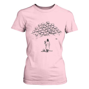 Jesus The Good Shepherd Minimalist Christian T Shirt For Women Sheep Flock Faith Spiritual Inspirational Gift TS02 Light Pink Print Your Wear